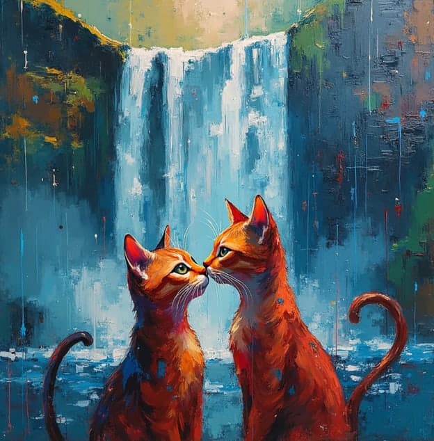 Two Cats Embrace Waterfall Rain