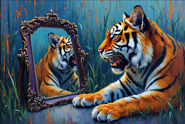 Tiger Mirror Reflection Ornate Frame Grass
