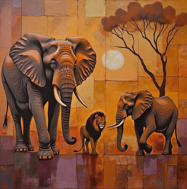 Elephant Lion Tree Moon Textured Savanna