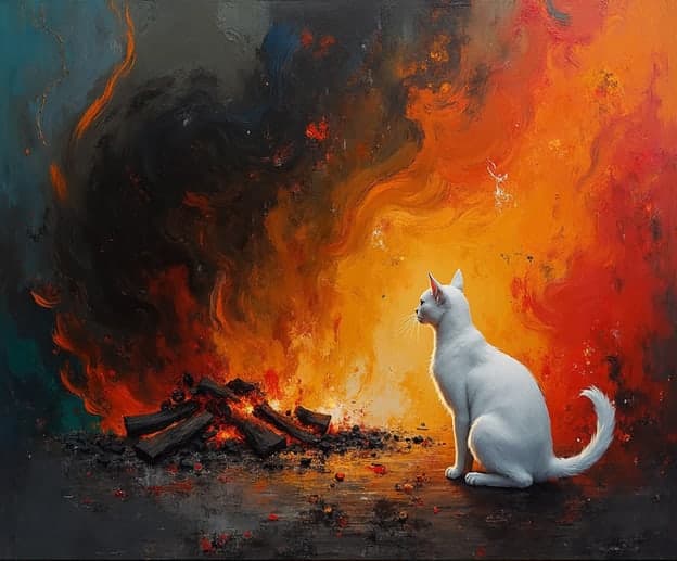 White Cat Bonfire Swirling Flames