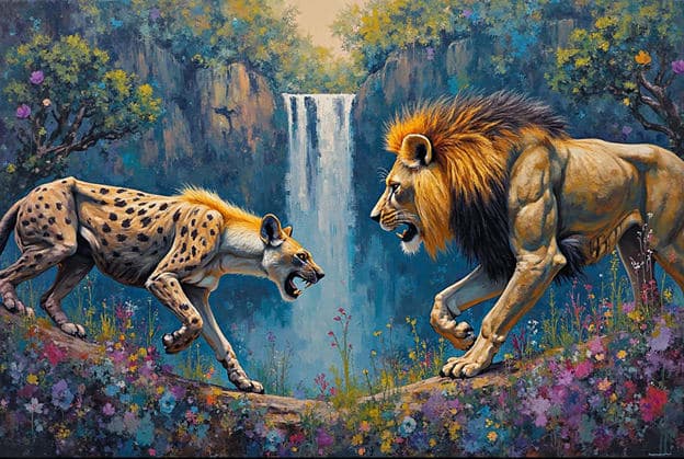 Hyena Lion Waterfall Flowers Confrontation
