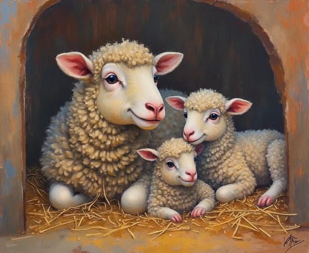 Sheep Ewe Two Lambs Barn Stall