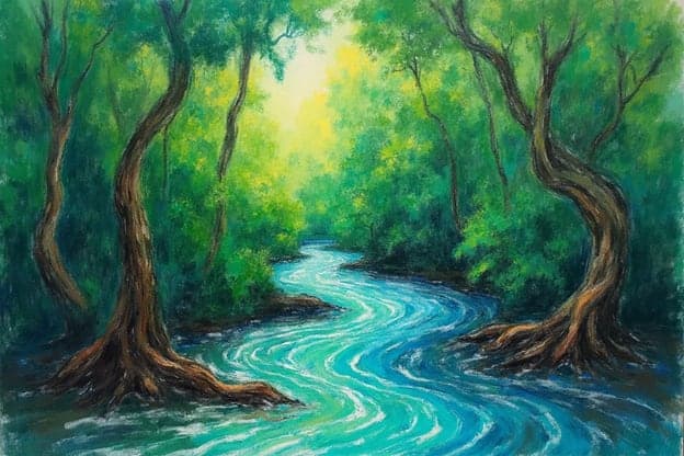 Tranquil Forest River Pastel Landscape