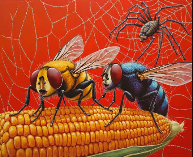 Cartoon Flies Corn Cob Spider Web