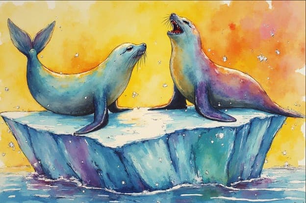 Seals Iceberg Watercolor Orange Sky