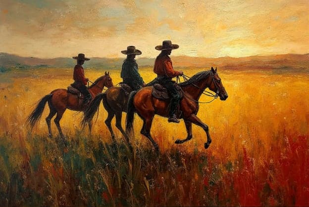 Cowboys Horseback Sunset Field Ride