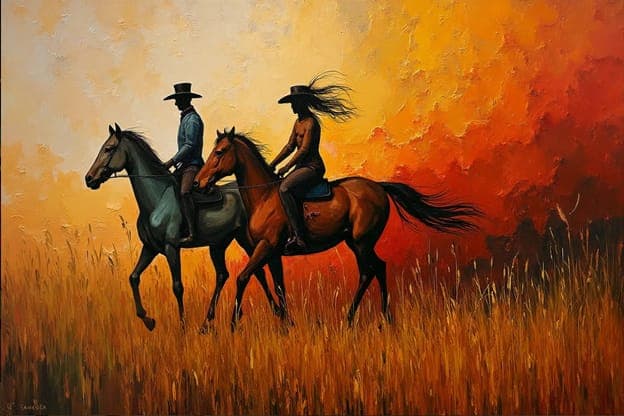Two Riders Horseback Sunset Grassland