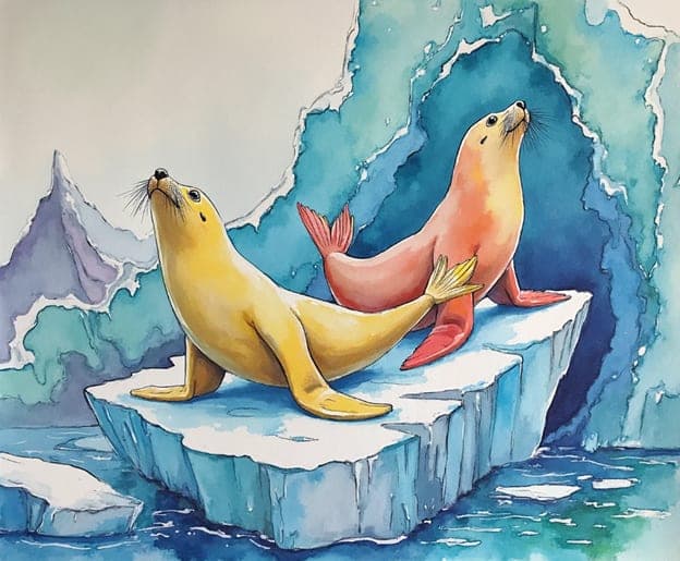 Seals Iceberg Watercolor Pink Yellow