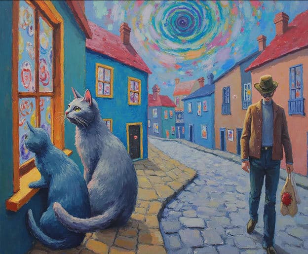Cats Windowsill Cosmic Sky Street Scene