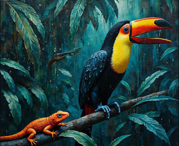 Toucan Gecko Branch Jungle Scene
