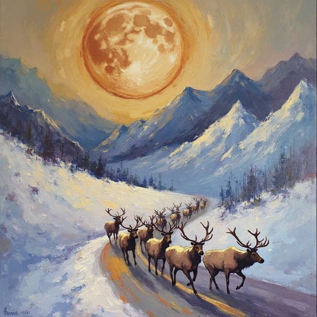 Elk Herd Snowy Mountain Road Full Moon