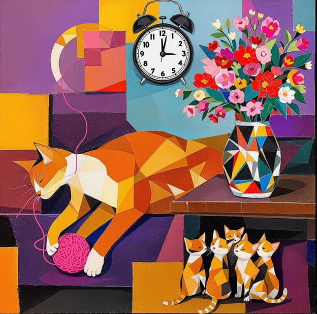 Cubist Cat Yarn Kittens Clock Purple Mosaic
