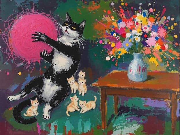 Tuxedo Cat Yarn Kittens Flower Splatter Painterly