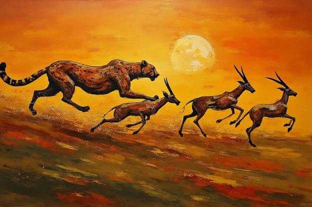 Cheetah Chasing Gazelles Sunset Moon