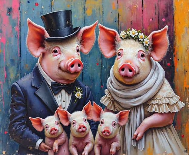 Pig Family Wedding Formal Piglets Colorful Wood