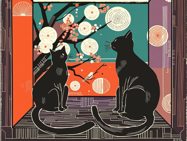 Black Cats Japanese Woodblock Cherry Blossoms