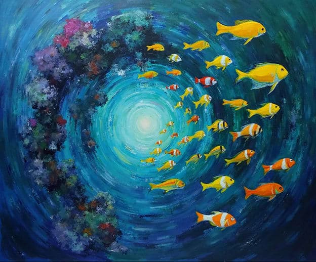 Clownfish School Coral Reef Swirl Painterly