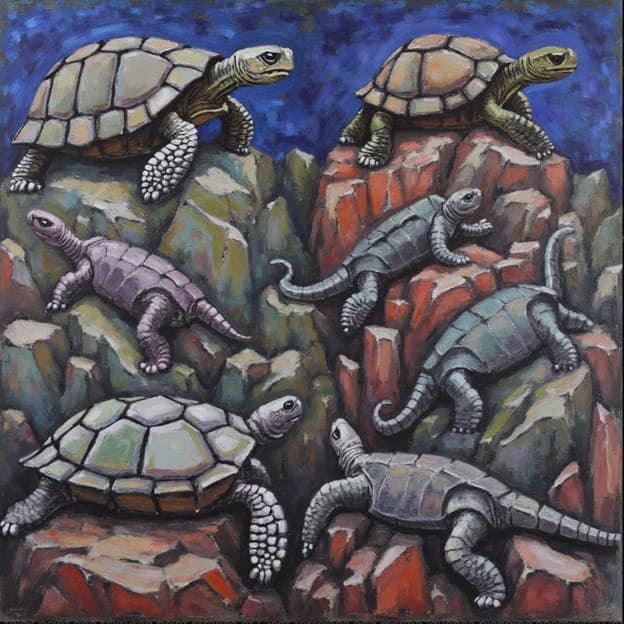 Tortoises Lizards Rocky Terrain Painterly