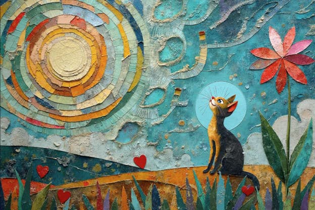 Collage Cat Sun Mosaic Flower Mixed Media