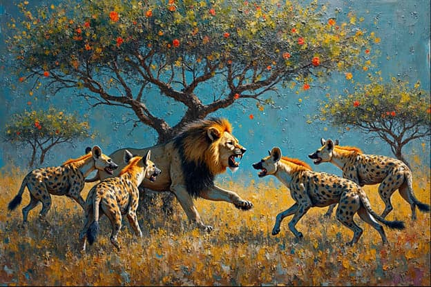 Lion Hyenas Standoff Tree Savanna Textured