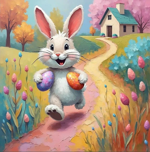 Bunny Easter Eggs Cottage Path Pastel Spring