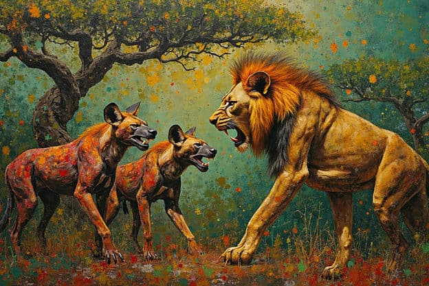 Lion Wild Dogs Standoff Splatter Textured