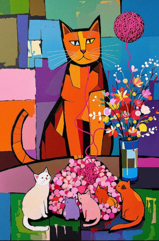 Cubist Orange Cat Kittens Yarn Flowers Geometric