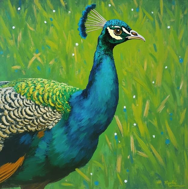 Peacock Portrait Closeup Green Grass