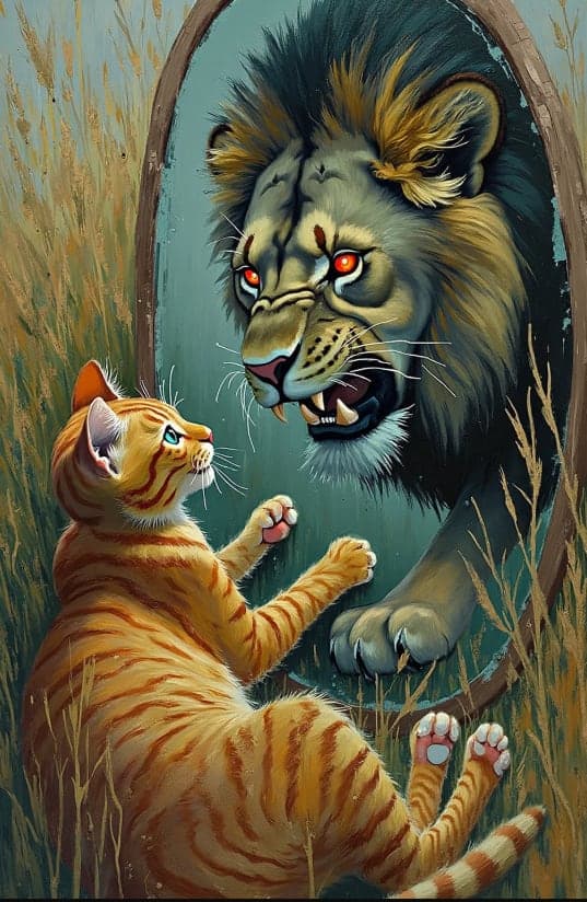 Orange Tabby Cat Angry Lion Mirror Grass