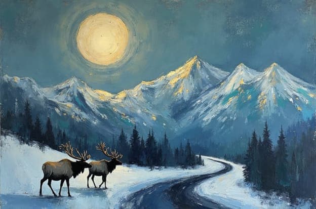 Elk Pair Snowy Mountain Road Full Moon