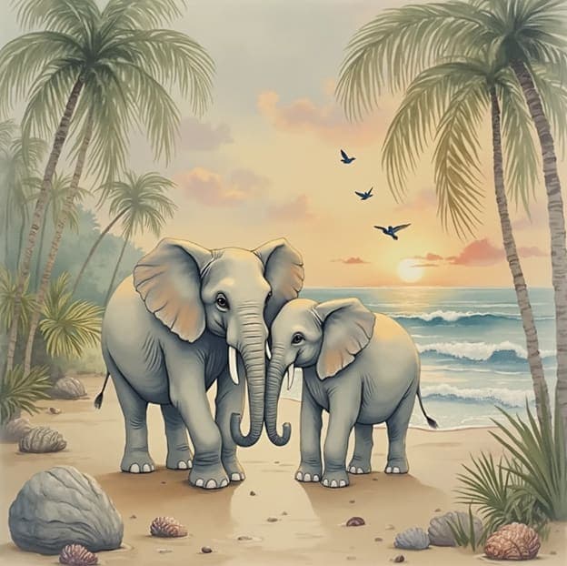 Elephant Calf Beach Palm Trees Sunset Shells