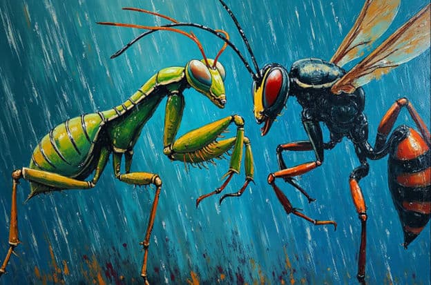 Praying Mantis Wasp Confrontation Rainy Blue
