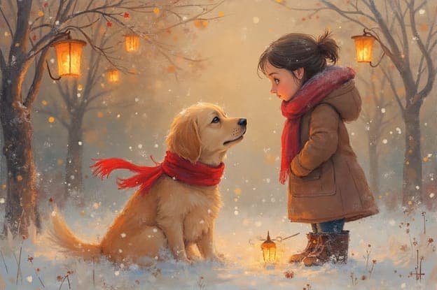 Golden Retriever Girl Snowy Lantern Forest