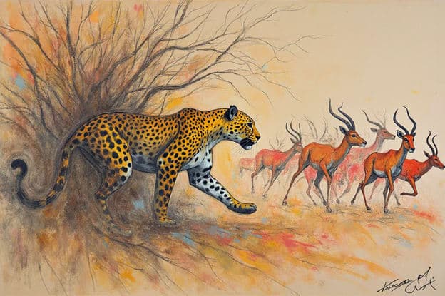 Leopard Impala Herd Sketch Pastel Savanna