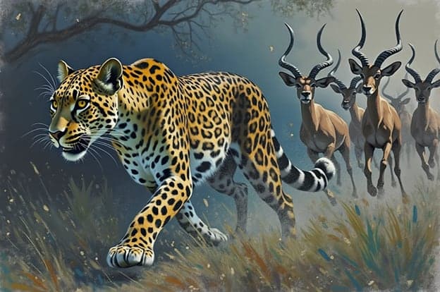 Leopard Impala Herd Stalk Painterly Blue Dusk
