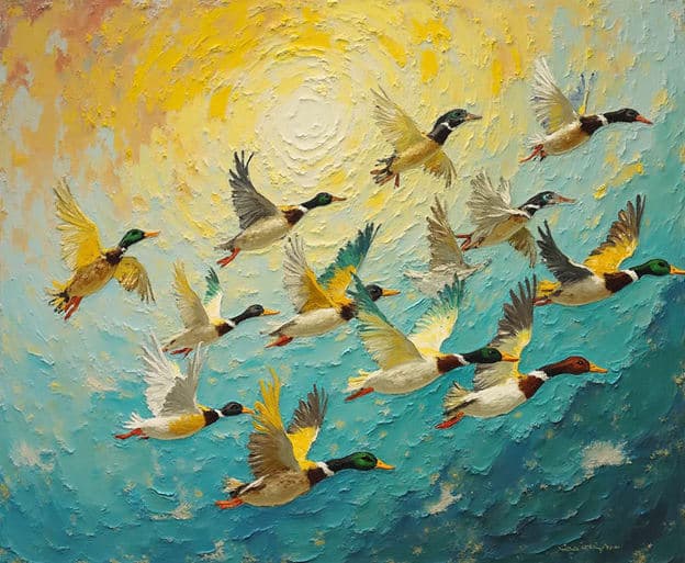 Mallard Ducks Flying Flock Textured Golden Sky