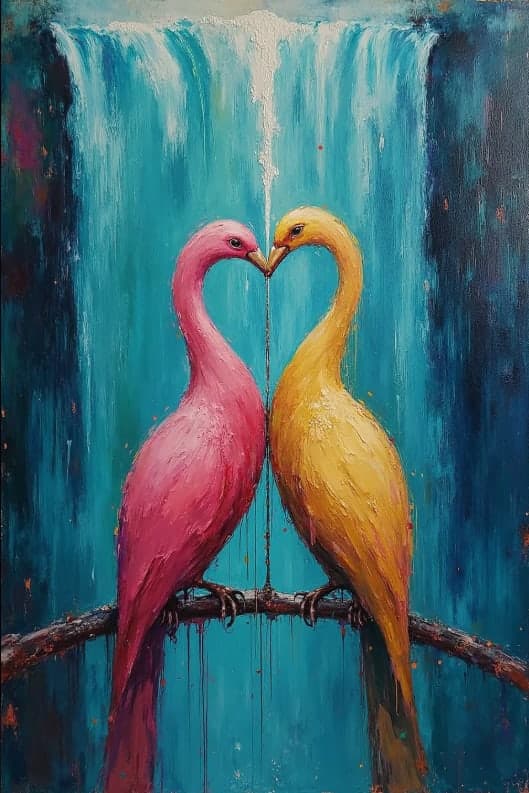 Pink Yellow Birds Waterfall Heart Shape Duo