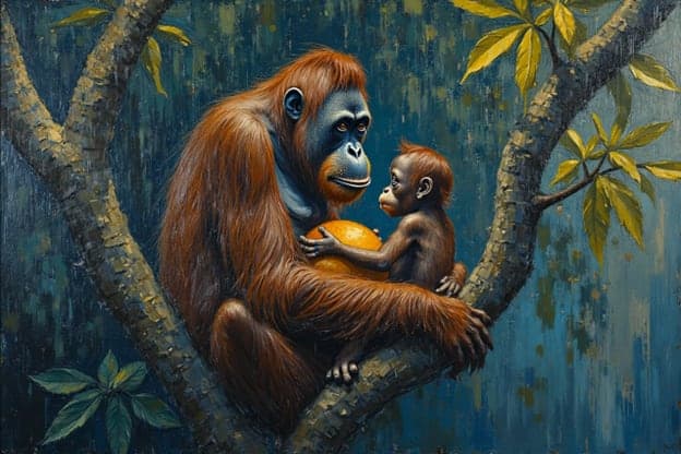 Orangutan Mother Baby Fruit Jungle Tree
