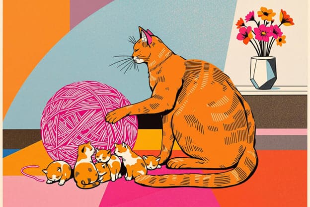 Graphic Orange Cat Kittens Yarn Flowers Flat Design