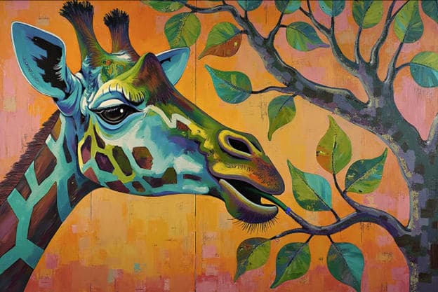 Giraffe Portrait Colorful Orange Background Leaves