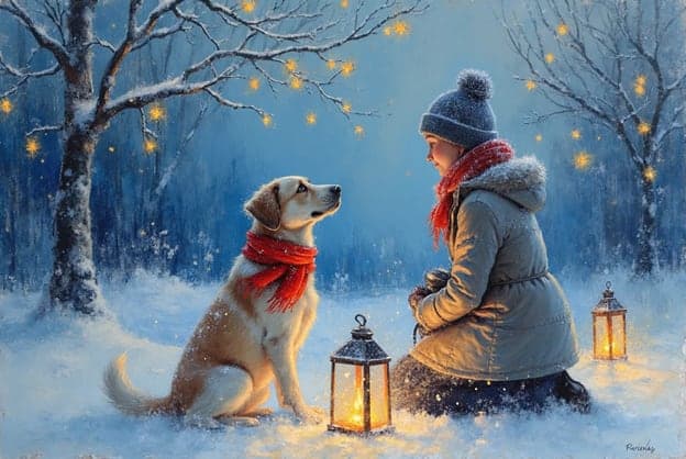 Golden Retriever Girl Lanterns Snowy Stars