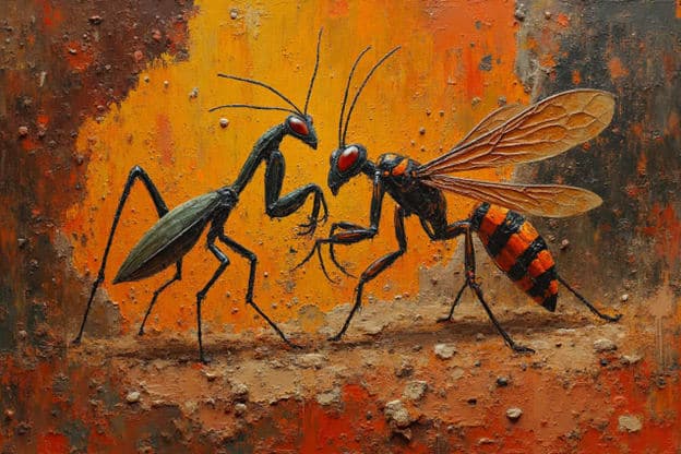 Praying Mantis Wasp Confrontation Orange Textured