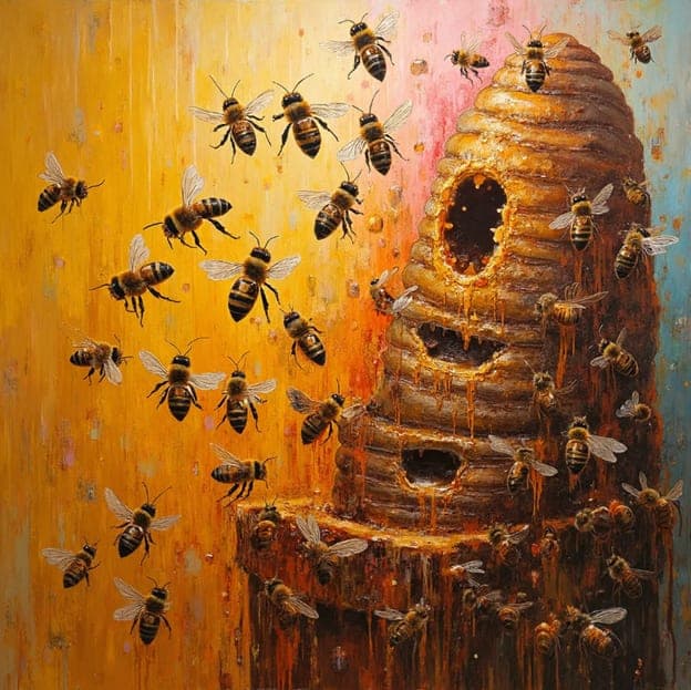 Beehive Bees Swarm Golden Pink Teal Honey