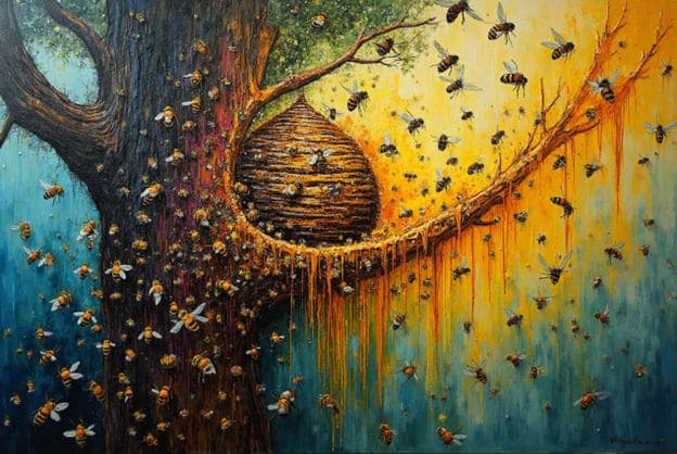 Beehive Tree Swarm Honey Drip Golden Teal Large