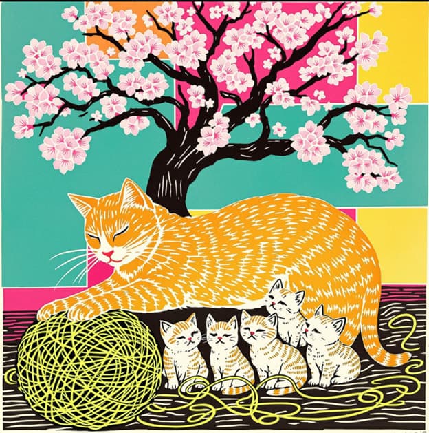 Linocut Orange Cat Kittens Cherry Blossoms Yarn