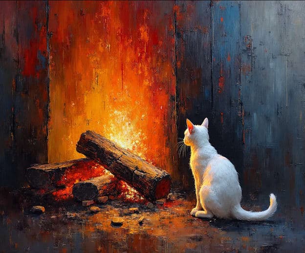 White Cat Fireplace Warm Glow Cozy