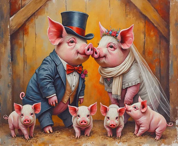 Pig Family Wedding Formal Barn Piglets Tender