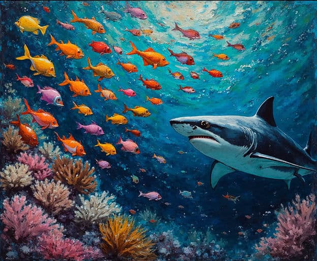 Great White Shark Fish School Coral Reef Teal