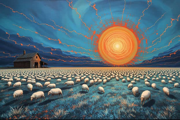 Sheep Flock Electric Sun Storm Barn Blue