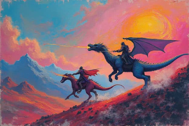 Dragon Riders Battle Flame Pink Sunset Mountain